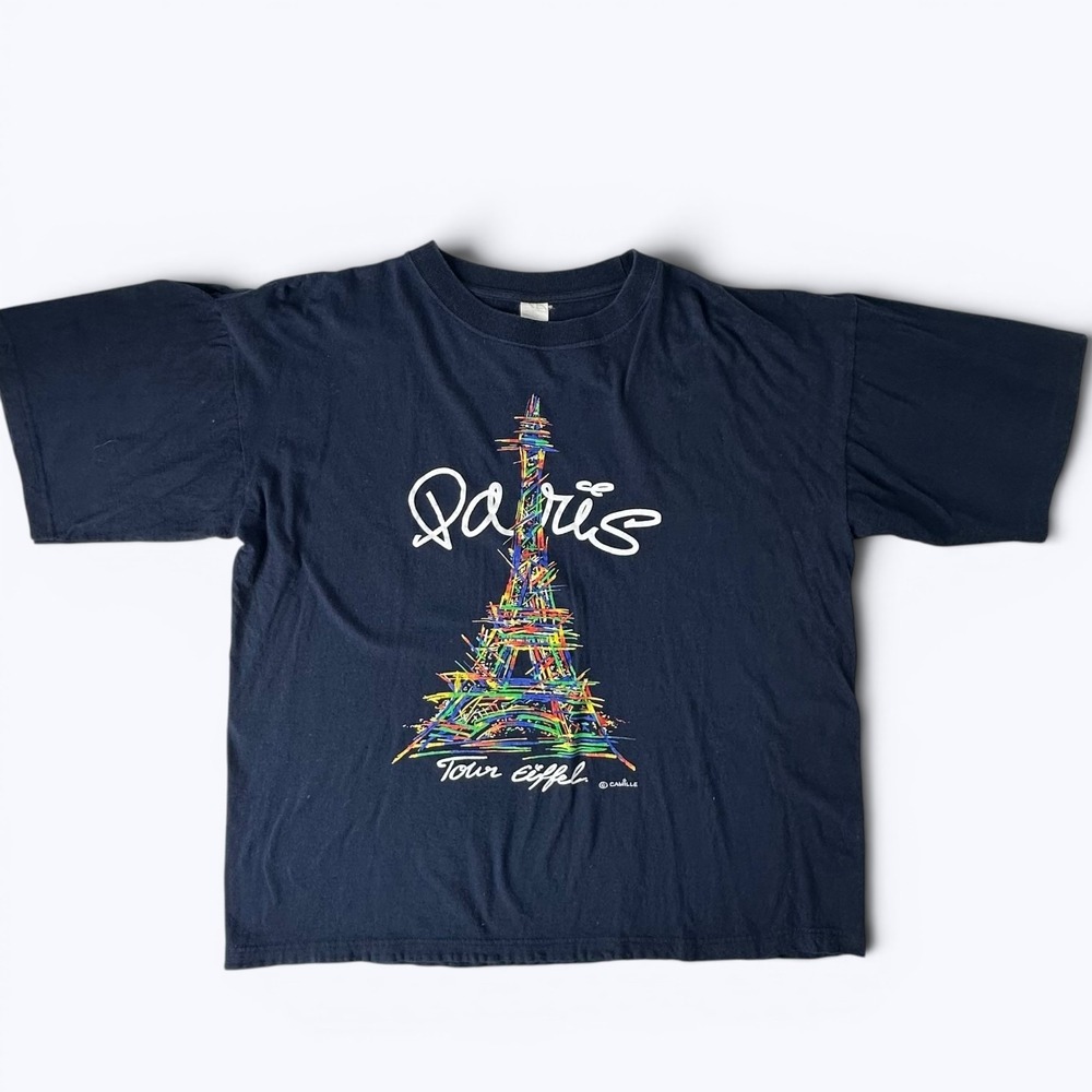 Paris‎ Tour Eiffel Tower Graphic T-Shirt Navy Camille Cotton Artsy Rainbow Sz XL